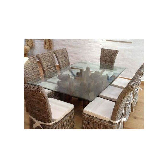 Rectangular Teak Root Glass Topped Dining Table and Kubu Grey Natural